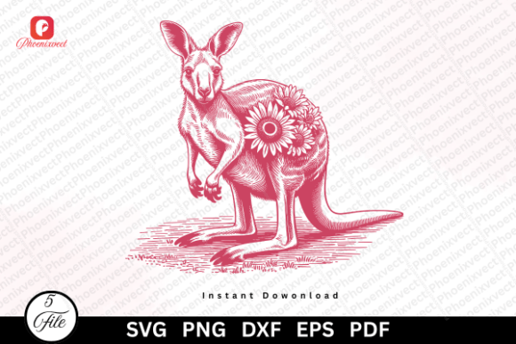 Floral Hand Drawn Kangaroo SVG PNG: Graphics with a Vintage Vibe
