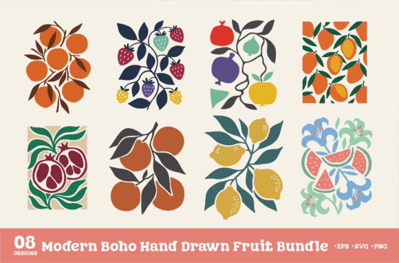 Modern Boho Hand Drawn Fruit Bundle: Graphics & Illustrations for Local Brands